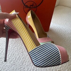 Christian Louboutin Striped Multicolor Peep-Toe Stilettos